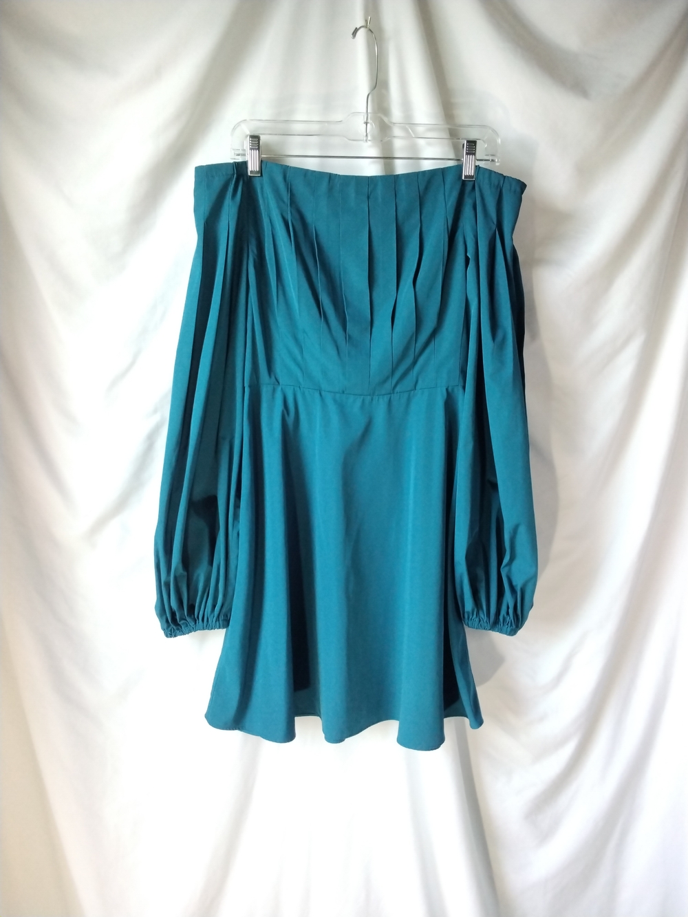 Trina Turk Teal Off-Shoulder Long-Sleeve Dress